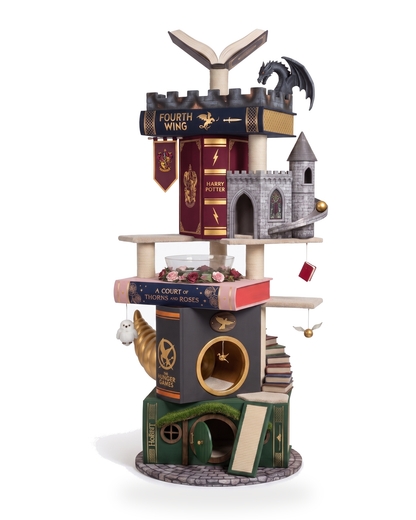Clawssics Library Tower, a 180cm six-level cat tree styled as a stack of oversized hardback books
